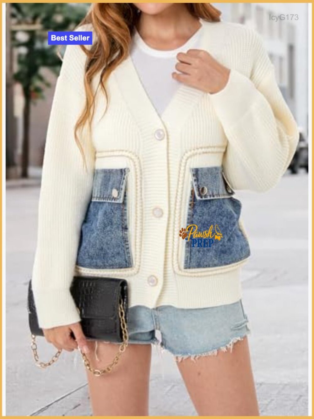 Open Front Patchwork Cardigan Sweater with Denim Pockets V Neck Button Down - Picture 3 of 7